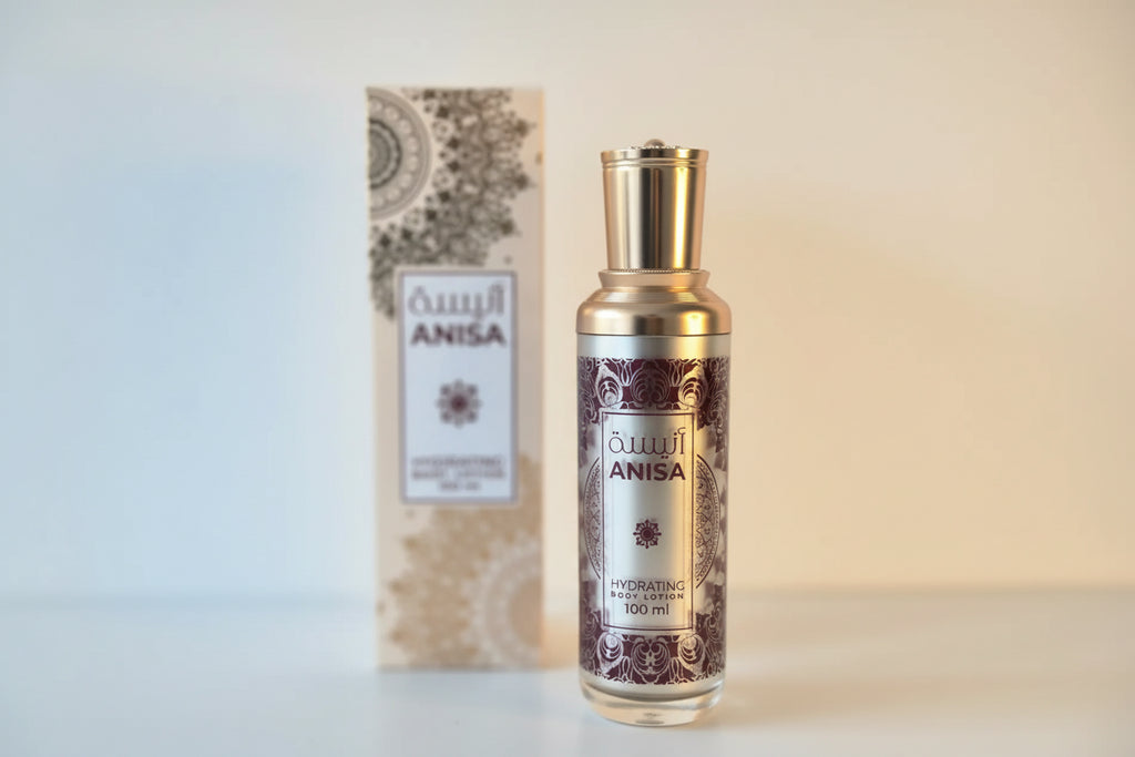 Anisa hydrating body lotion bottle with packaging on a light background