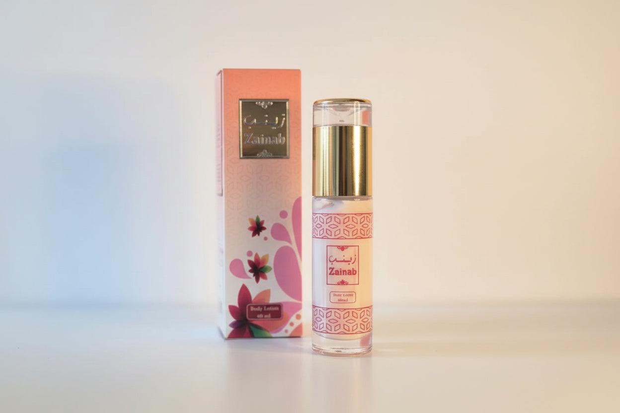 Zainab perfume bottle and packaging on a gradient background