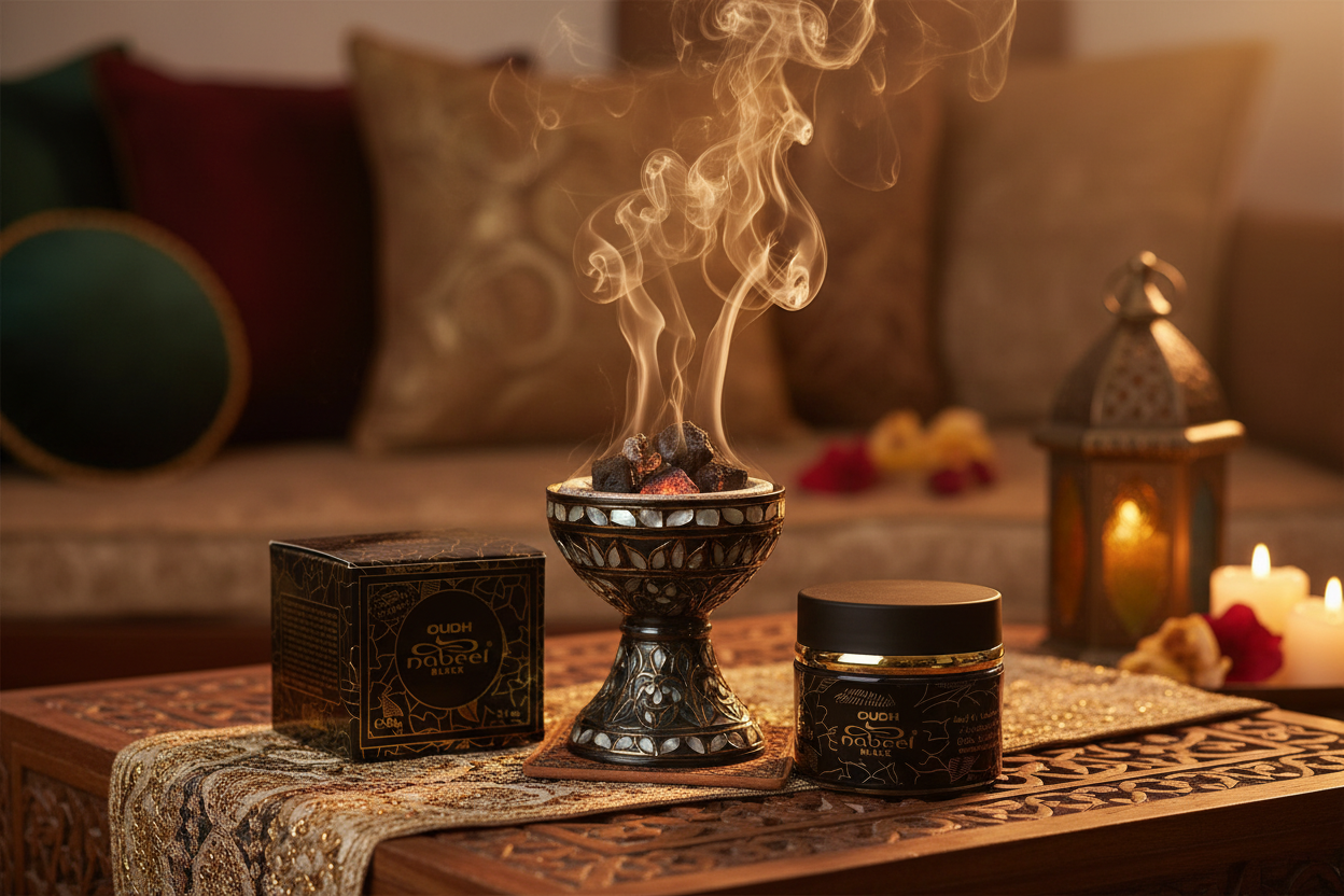 Bakhoor Oud Nabeel Black Burning with Product