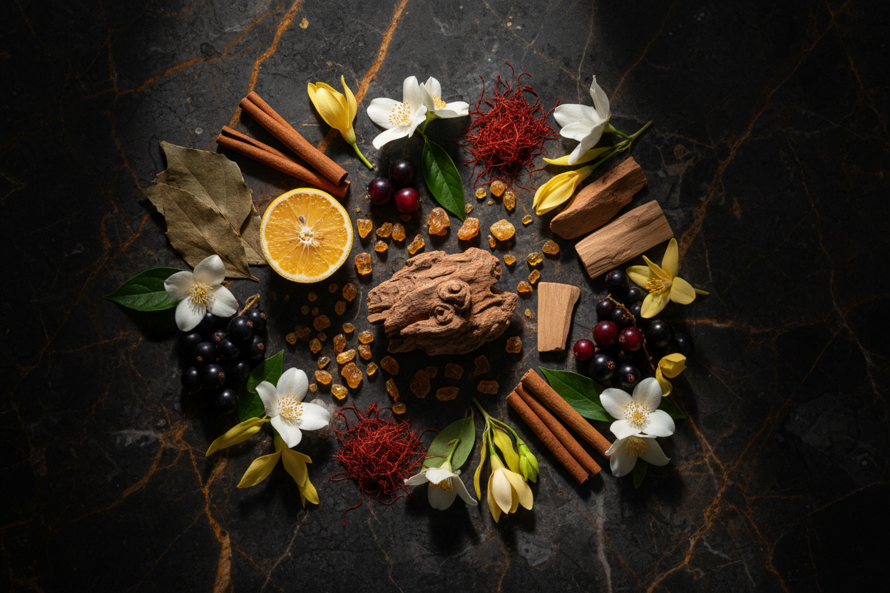 Oud Romancea Ingredient Flat Lay
